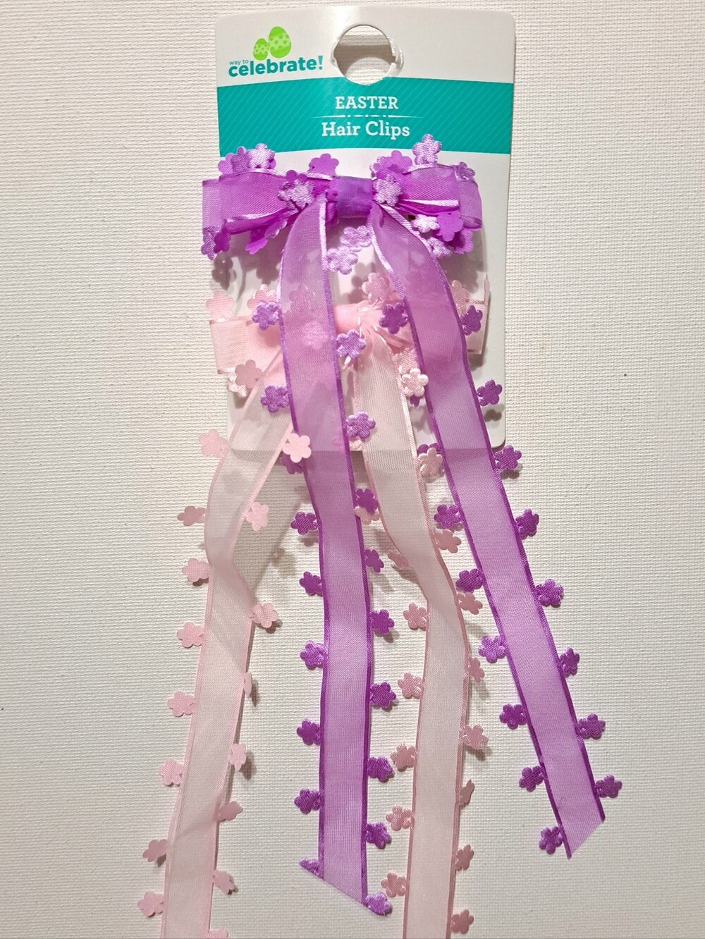 NWT Way To Celebrate! Easter Ribbon Bow Flower Hair Clips Purple & Pink